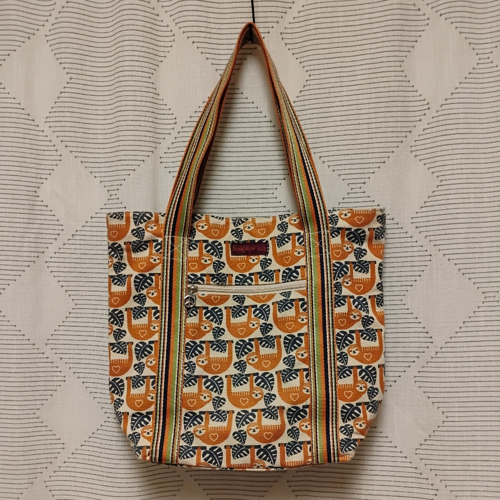 Bungalow 360 Sloth Orange Patterned Canvas Tote Bag with Striped Handles